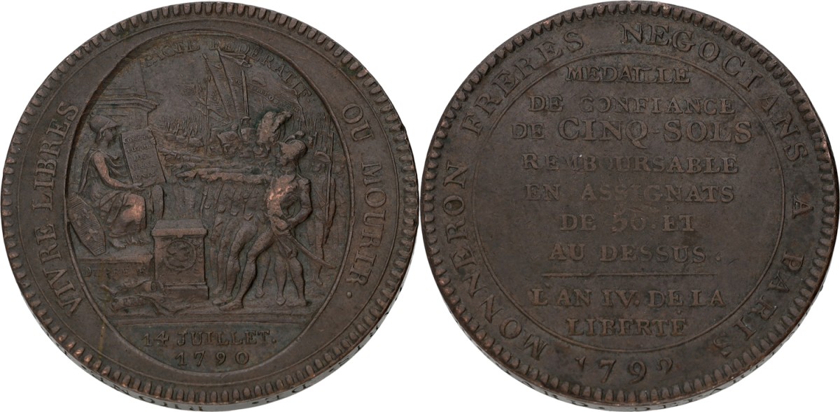 Goudwisselkantoor auction: France. Paris. Monneron brothers. 5 Sols. 1792. VF +