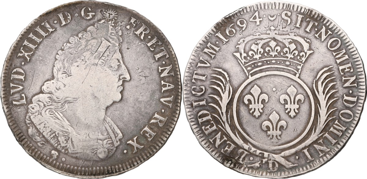 Goudwisselkantoor auction: France. Kingdom. Louis XIV. Ecu aux palmes. 1694 D. VF