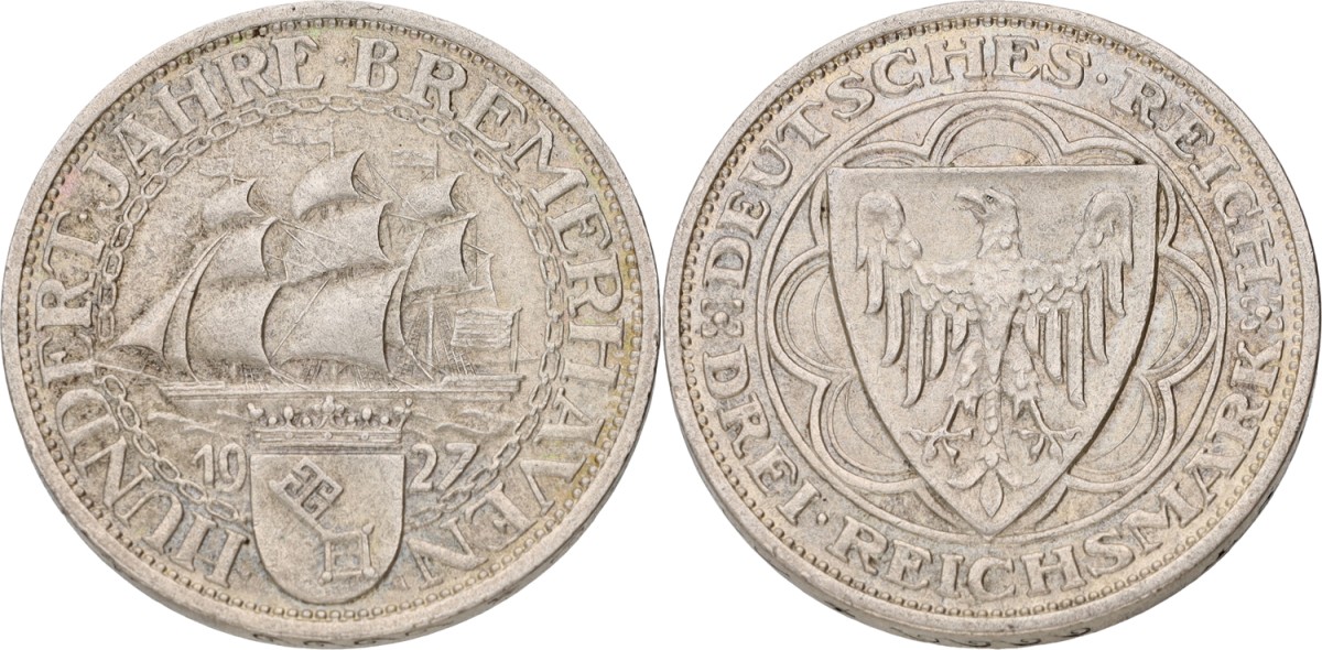 Goudwisselkantoor auction: Germany. Weimar republic. 3 Mark 100th. anniversary of Bremerhaven. 1927A. XF