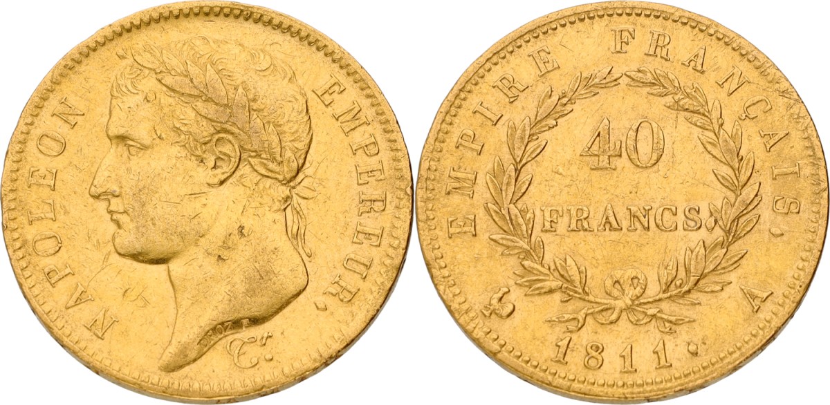 Goudwisselkantoor auction: France. Napoleon Bonaparte. 40 Francs. 1811 A. VF / XF
