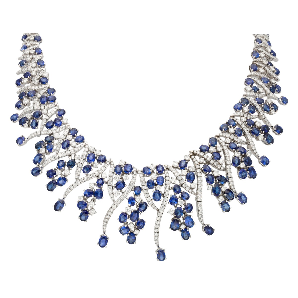 Goudwisselkantoor auction: 14K White gold necklace set with 65.70 ct. of Ceylon sapphires and 16.00 ct. of diamonds, ALGT certified
