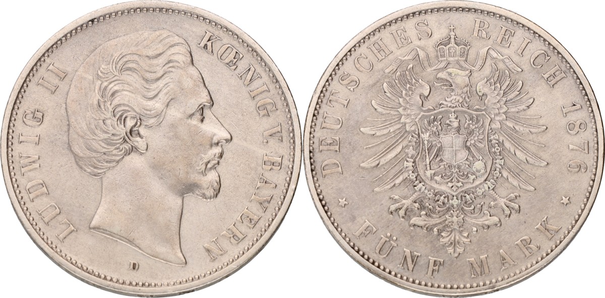 Goudwisselkantoor auction: German states. Bavaria. Lüdwig II. 5 Mark. 1876 D. VF / XF