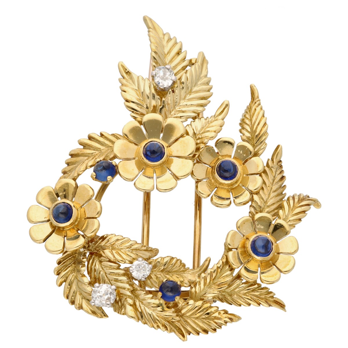 Goudwisselkantoor auction: 18K Geelgouden broche bezet met saffier en diamant