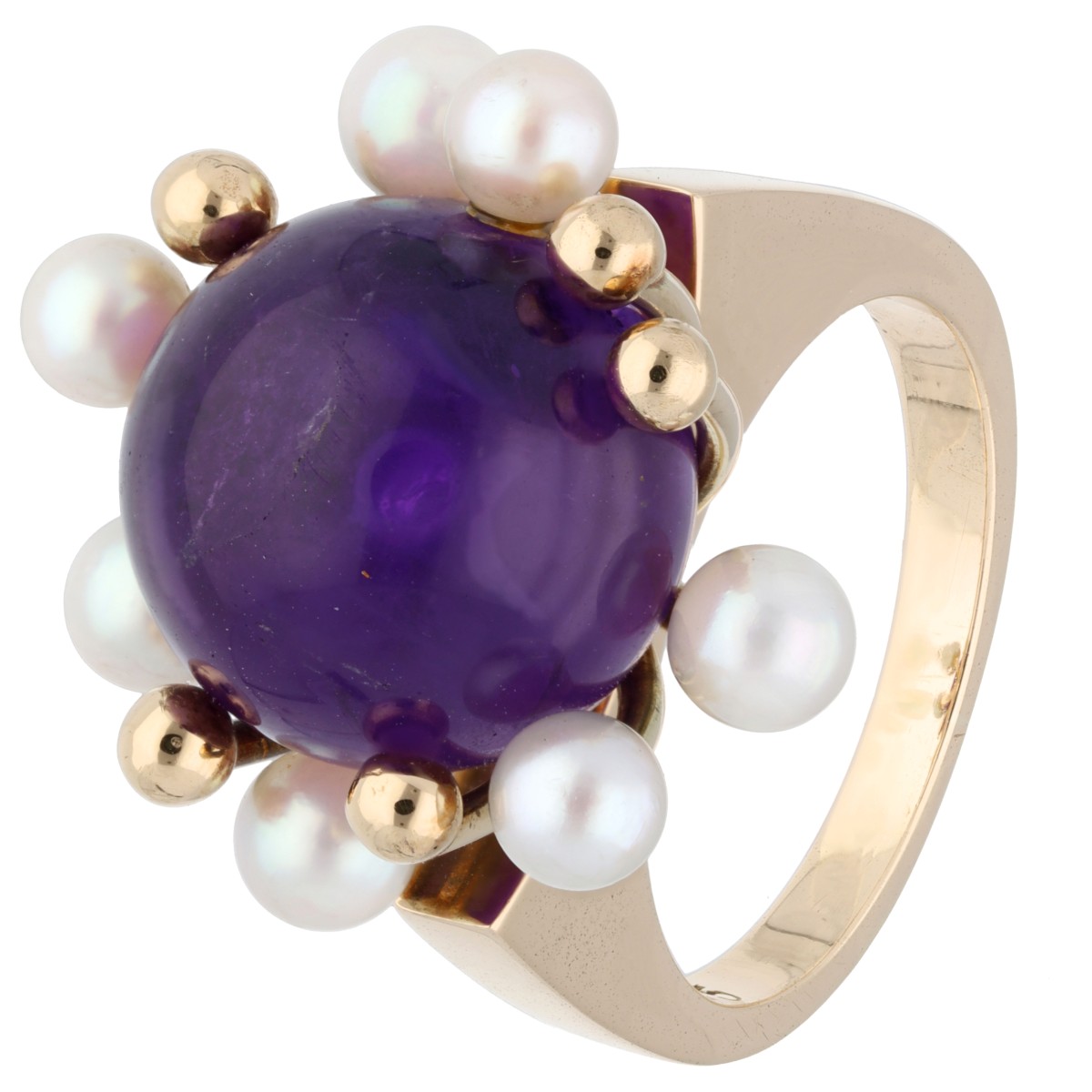 Goudwisselkantoor auction: 14K Yellow gold ring set with amethyst and cultured pearls