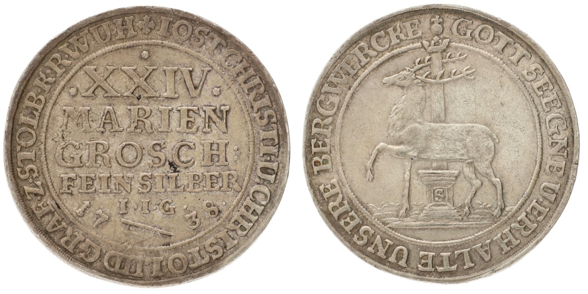 Goudwisselkantoor auction: German States. Stolberg. Christof Frederick and Jost Christian. Ausbeutegulden or 24 Marien Groschen. 1738. VF