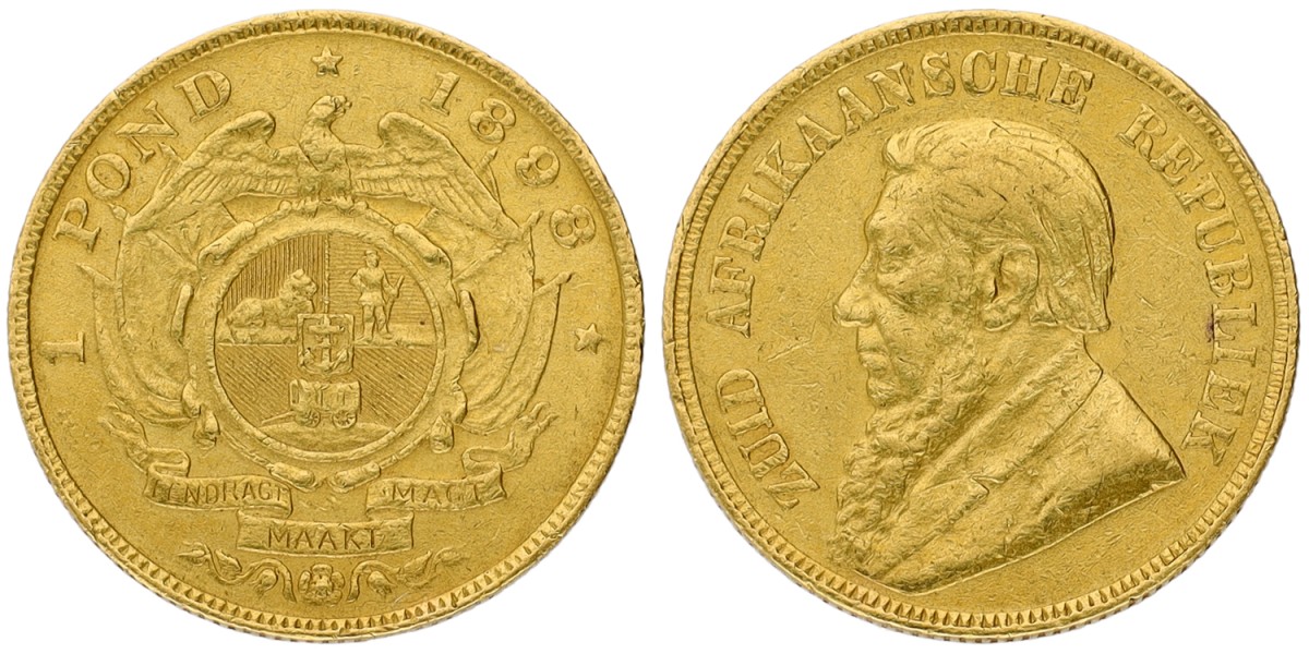 Goudwisselkantoor auction: South Africa. Zuid Afrikaansche Republiek. Paul Kruger. Pond. 1898. VF