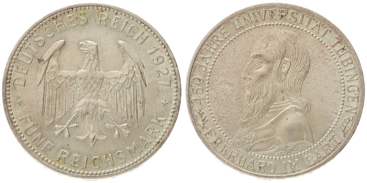 Goudwisselkantoor auction: Germany. Weimar Republic. 5 Mark. 450th Anniversary of the Tubingen University. 1927. VF