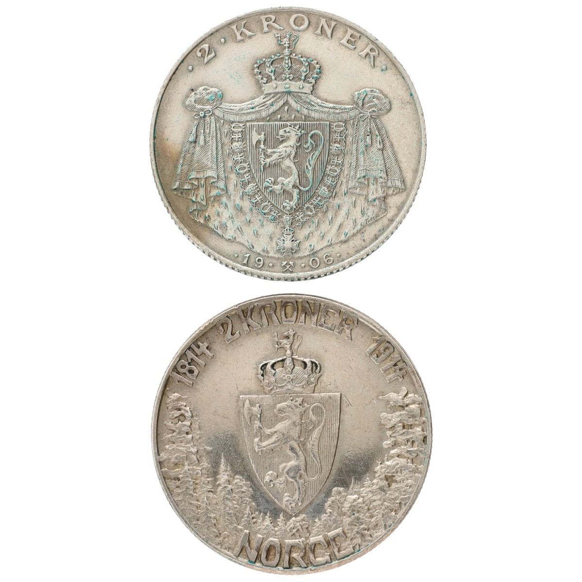 Goudwisselkantoor auction: Norway. Haakon VII. Lot (2) 2 Kroner. 1906 & 1914. VF