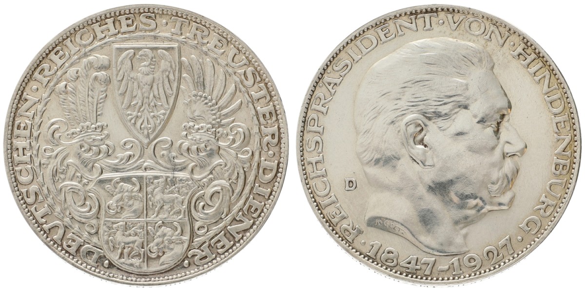 Goudwisselkantoor auction: Germany. Weimar Republic. 1927D. Paul von Hindenburg's 80th birthday. XF