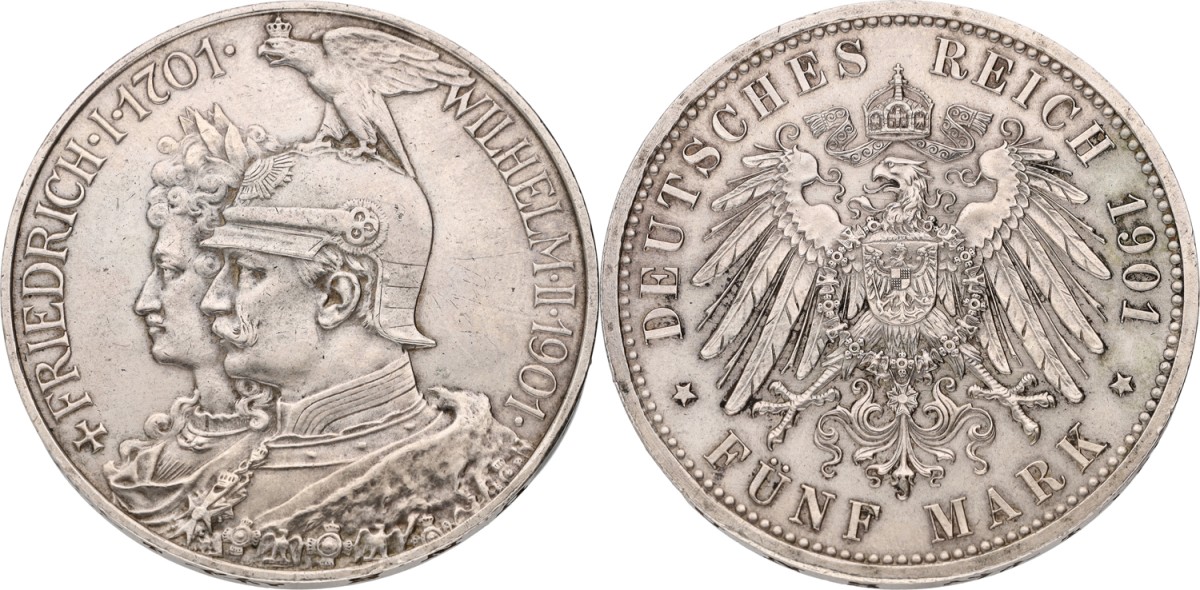 Goudwisselkantoor auction: German states. Prussia. Wilhelm II. 5 Mark. 1901. XF