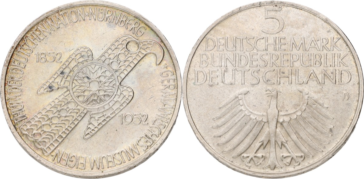 Goudwisselkantoor auction: Germany. BRD. 5 Mark. Germanic museum. 1952 D. XF