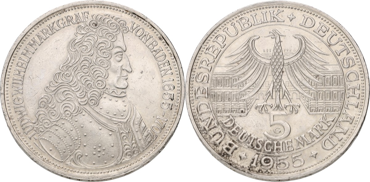 Goudwisselkantoor auction: Germany. BRD. 5 Mark. Türkenlouis. 1955 G. XF