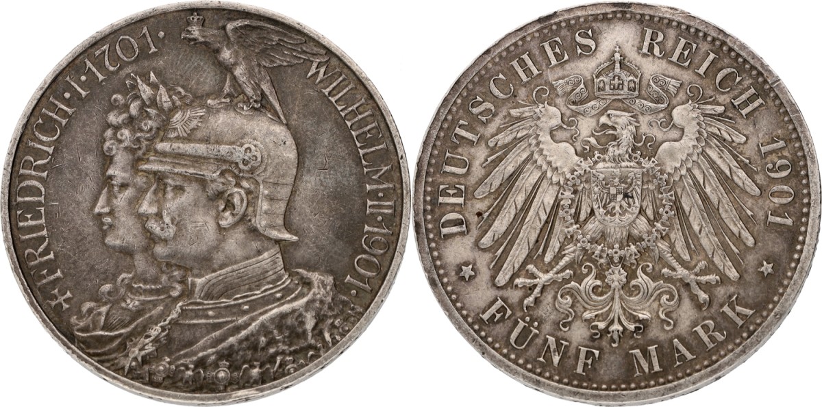 Goudwisselkantoor auction: German states. Prussia. Wilhelm II. 5 Mark. Bicentennial. 1901. VF +