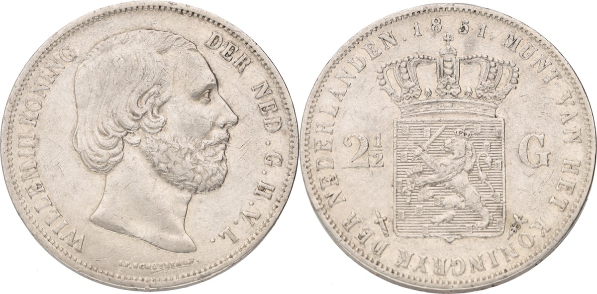 Goudwisselkantoor auction: 2½ Gulden. Willem III. 1851. With dot between I & P. VF