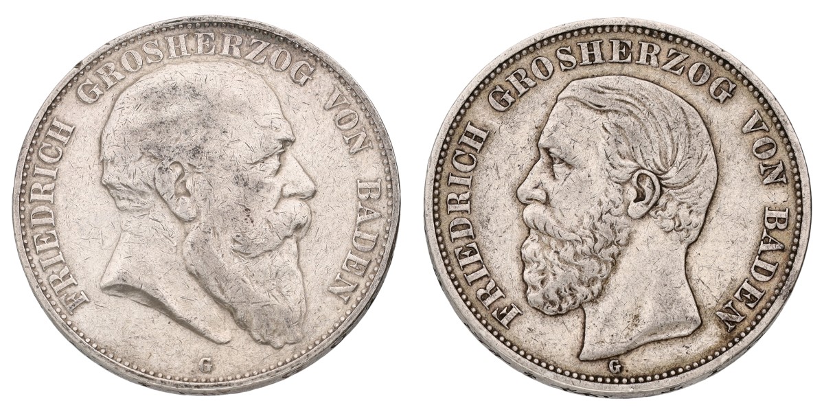 Goudwisselkantoor auction: German states. Baden. Friedrich II. Lot (2) 5 Mark. 1902. Average VF