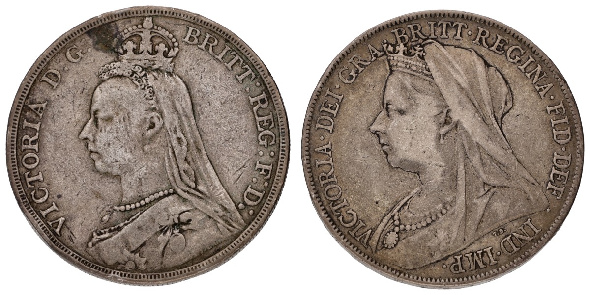 Goudwisselkantoor auction: United Kingdom. Victoria. Lot (2) 1 Crown. 19th Century. Average VF