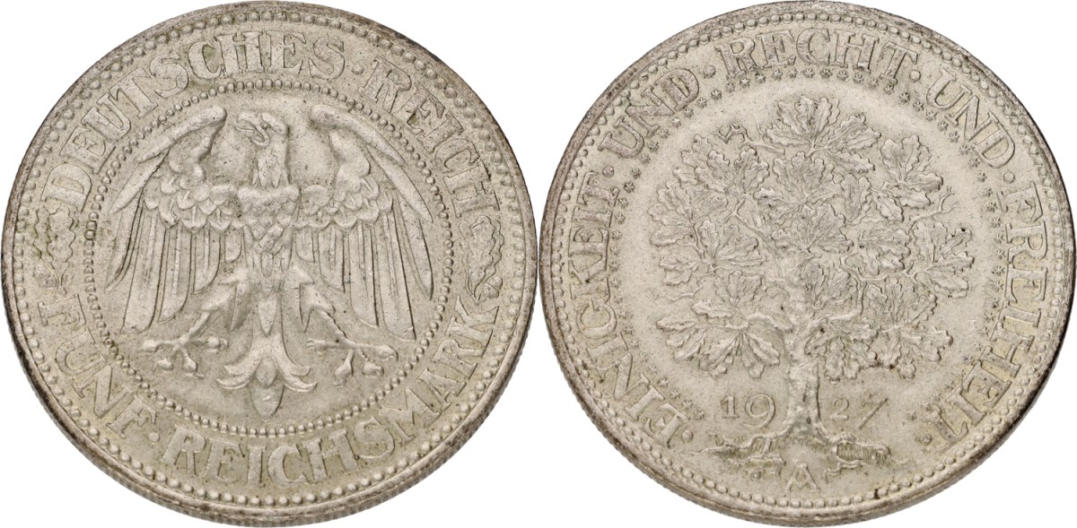Goudwisselkantoor auction: Germany. Weimar Republic. 5 mark. Oak tree. 1927. AUnc