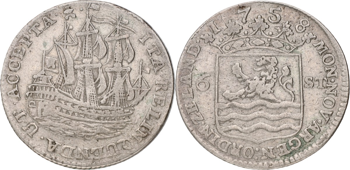 Goudwisselkantoor auction: Scheepjesschelling van 6 stuiver. Zeeland. 1758. VF