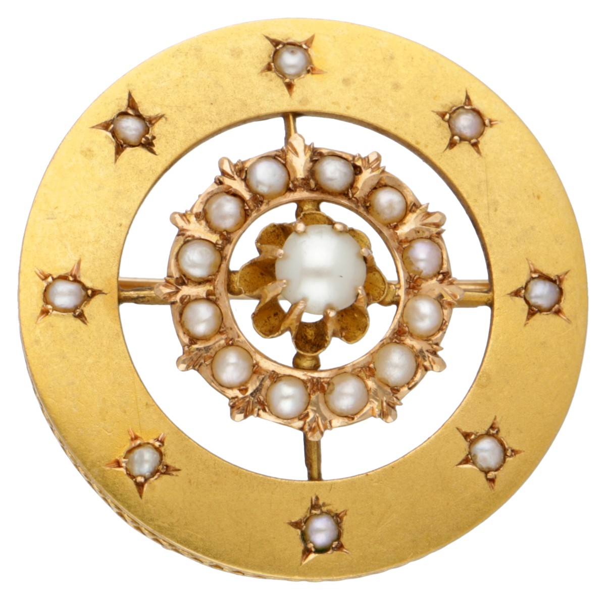 Antieke 18 kt. geelgouden broche bezet met zaadparels.