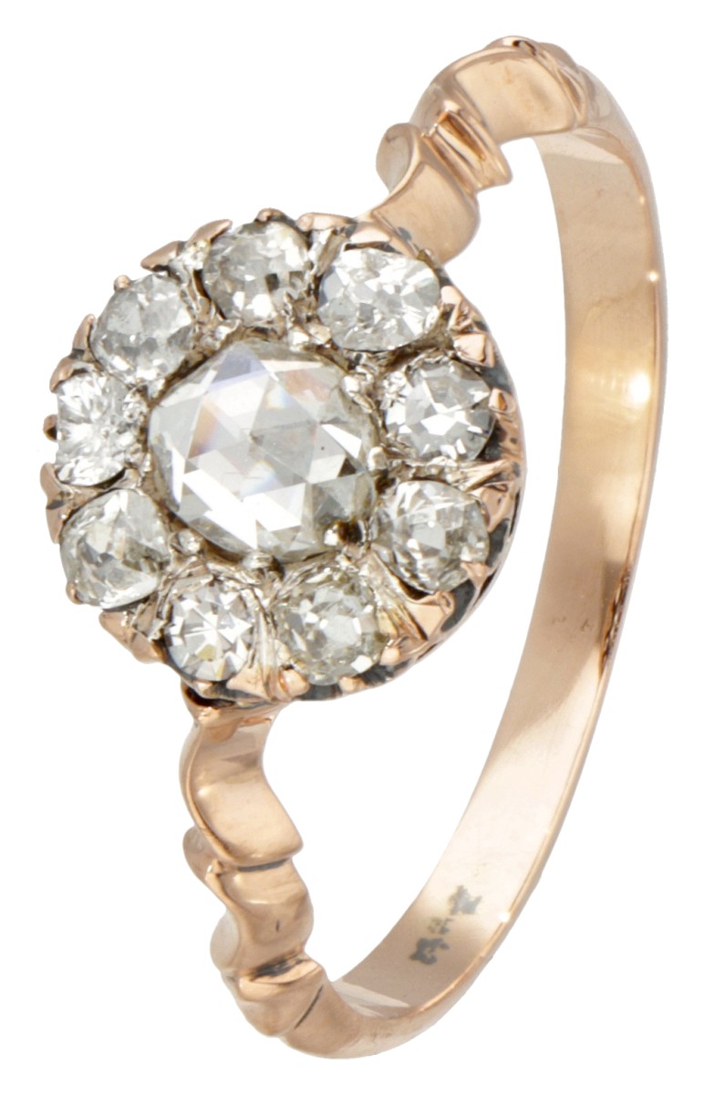 Antieke 14K roségouden rozet ring bezet met diamant.
