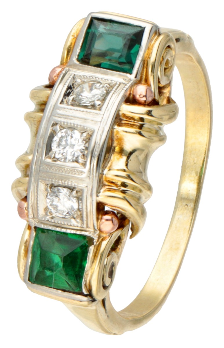 14 kt. Tricolor gouden retro ring bezet met ca. 0.09 ct. diamant en toermalijn.