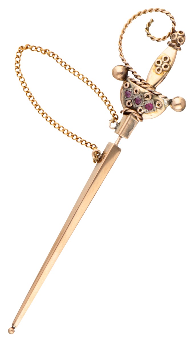 Vintage 14 kt. roségouden zwaardvormige broche bezet met robijn.