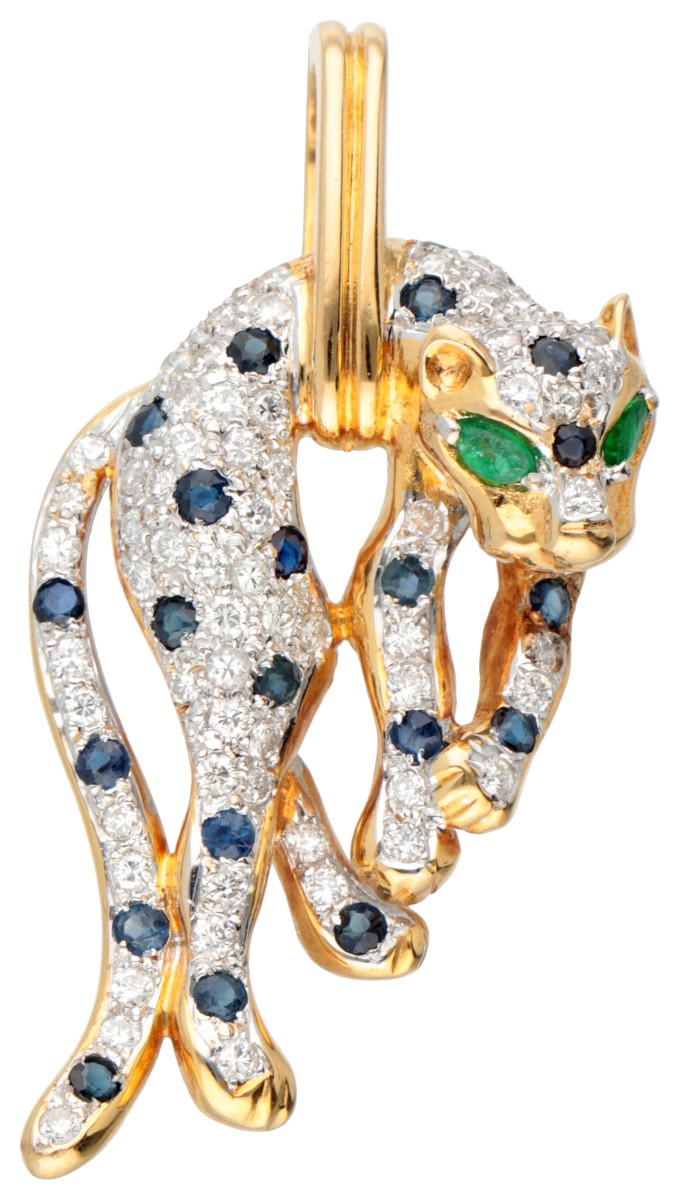 18 kt. Bicolor gouden panter hanger bezet met ca. 0.71 ct. diamant, ca. 0.69 ct. natuurlijk saffier en ca. 0.04 ct. natuurlijk smaragd.