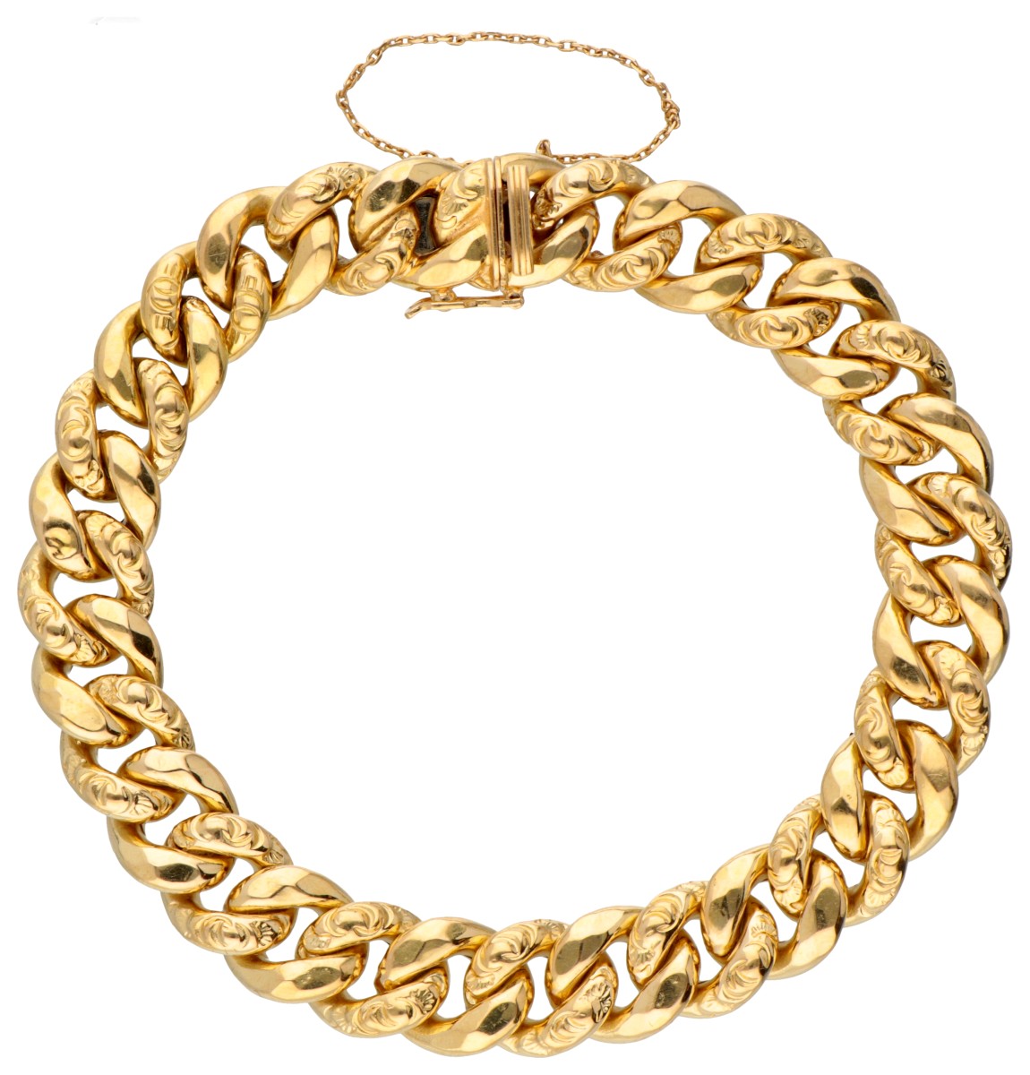 18 kt. Geelgouden gourmetschakel armband met bewerkte schakels.