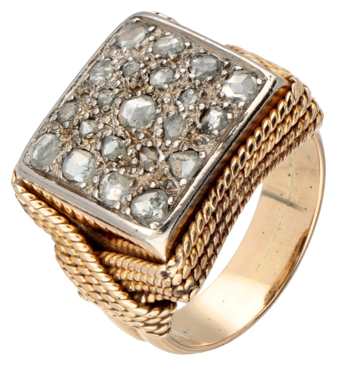 18 kt. Geelgouden ring bezet met roos geslepen diamanten.