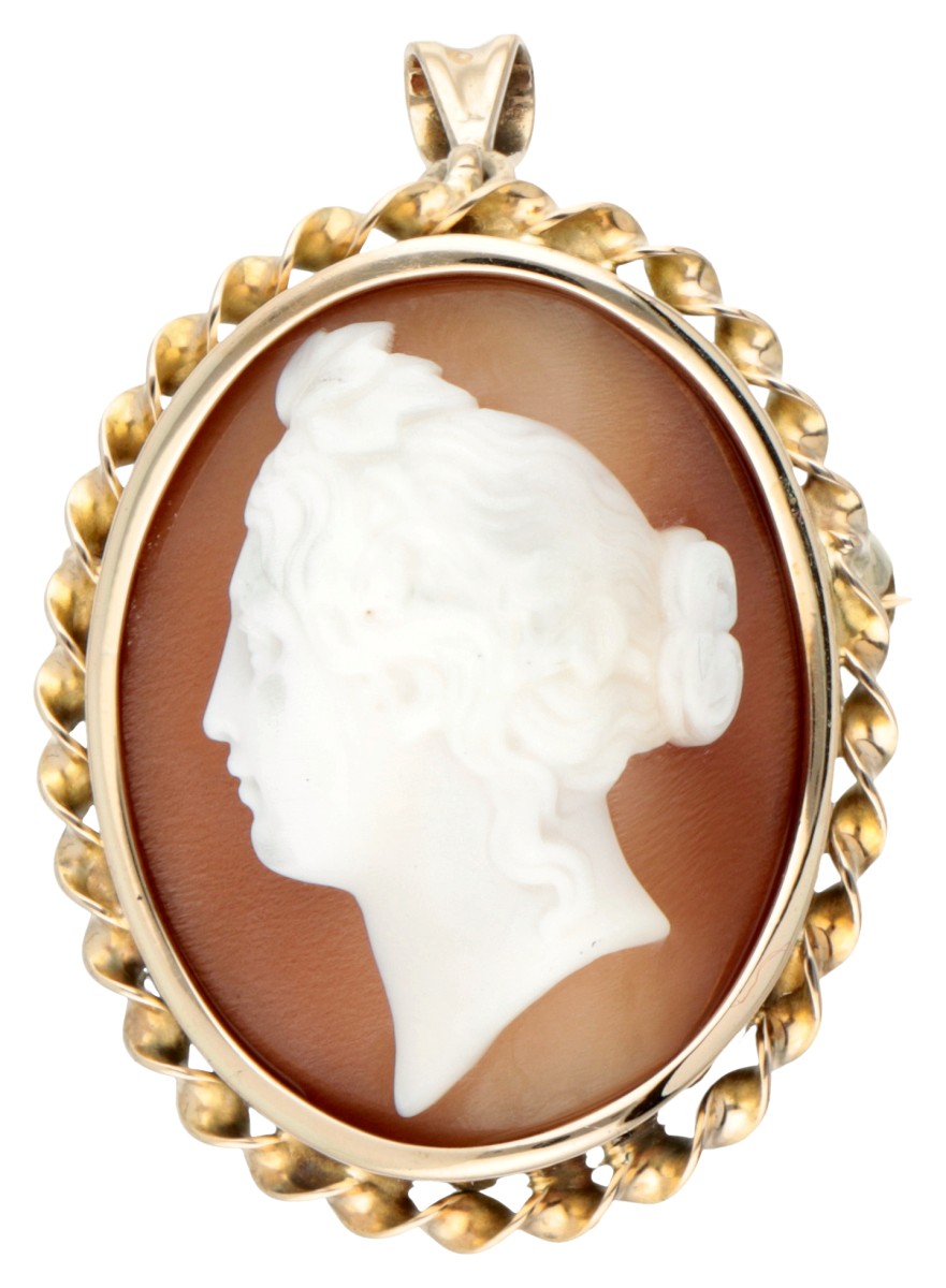 Vintage 14 kt. geelgouden hanger / broche bezet met een camee met een en profil portret van een dame.