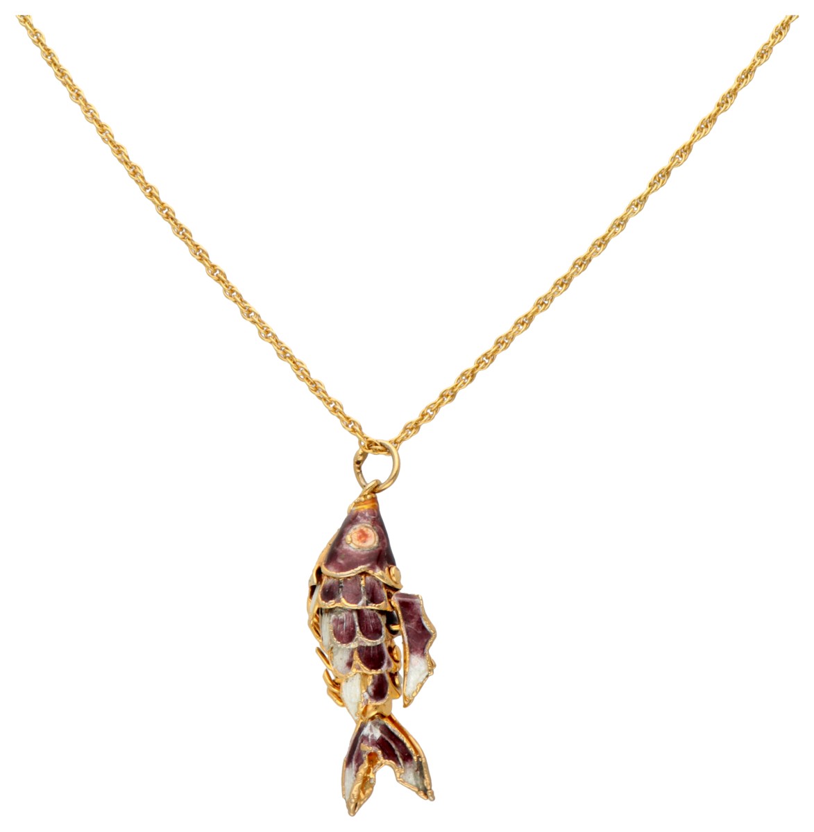 18 kt. Geelgouden collier met een BWG geelgouden geëmailleerde flexibele vishanger.