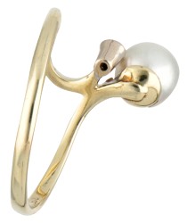 14K Geelgouden ring bezet met diamant en zoetwaterparel.