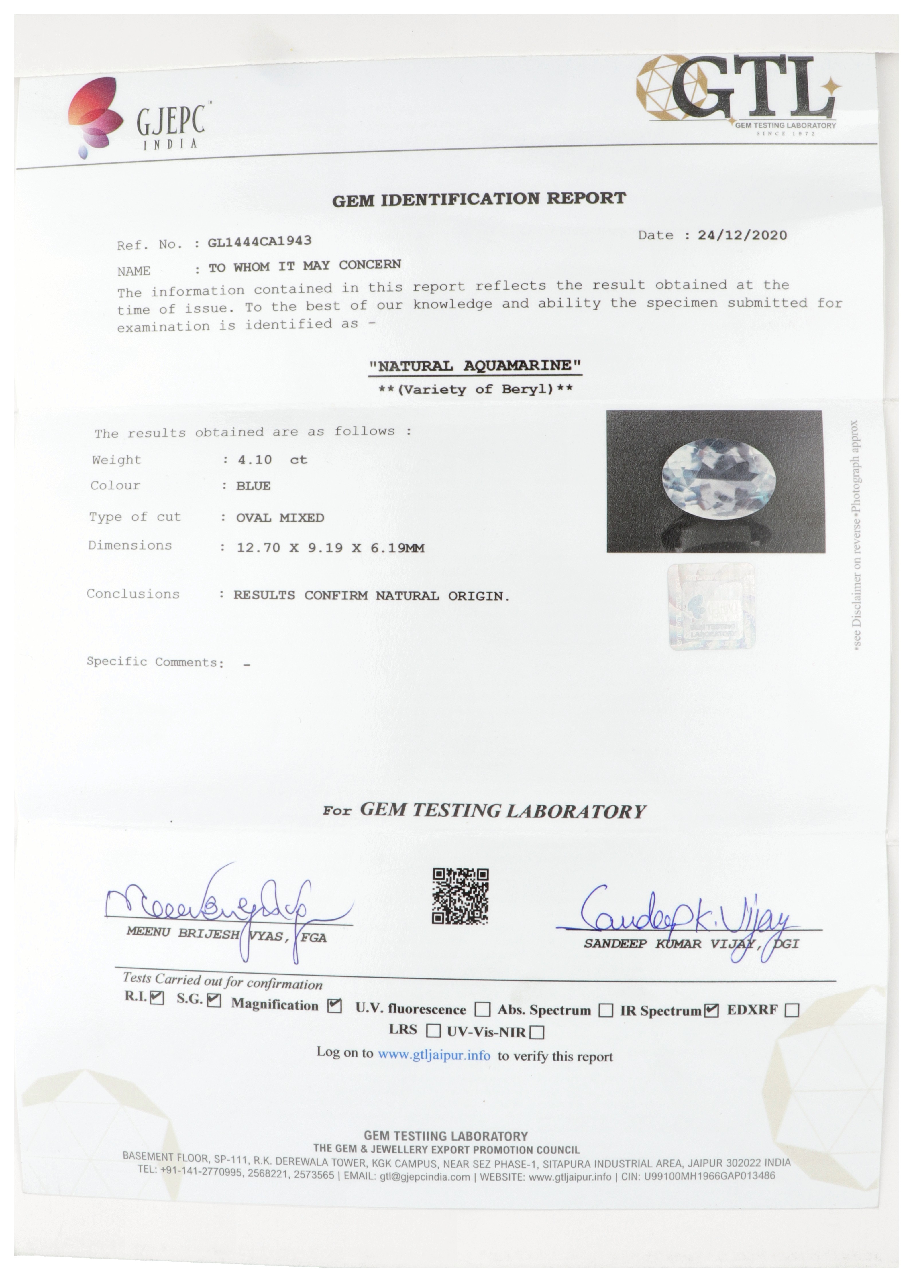 Gecertificeerde natuurlijke blauwe aquamarijn ovaal mix geslepen 4.10 ct.