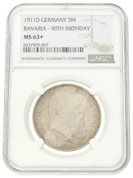 German states. Bavaria. Luitpold. 3 Mark - 90th birthday. 1911 D. MS 63+