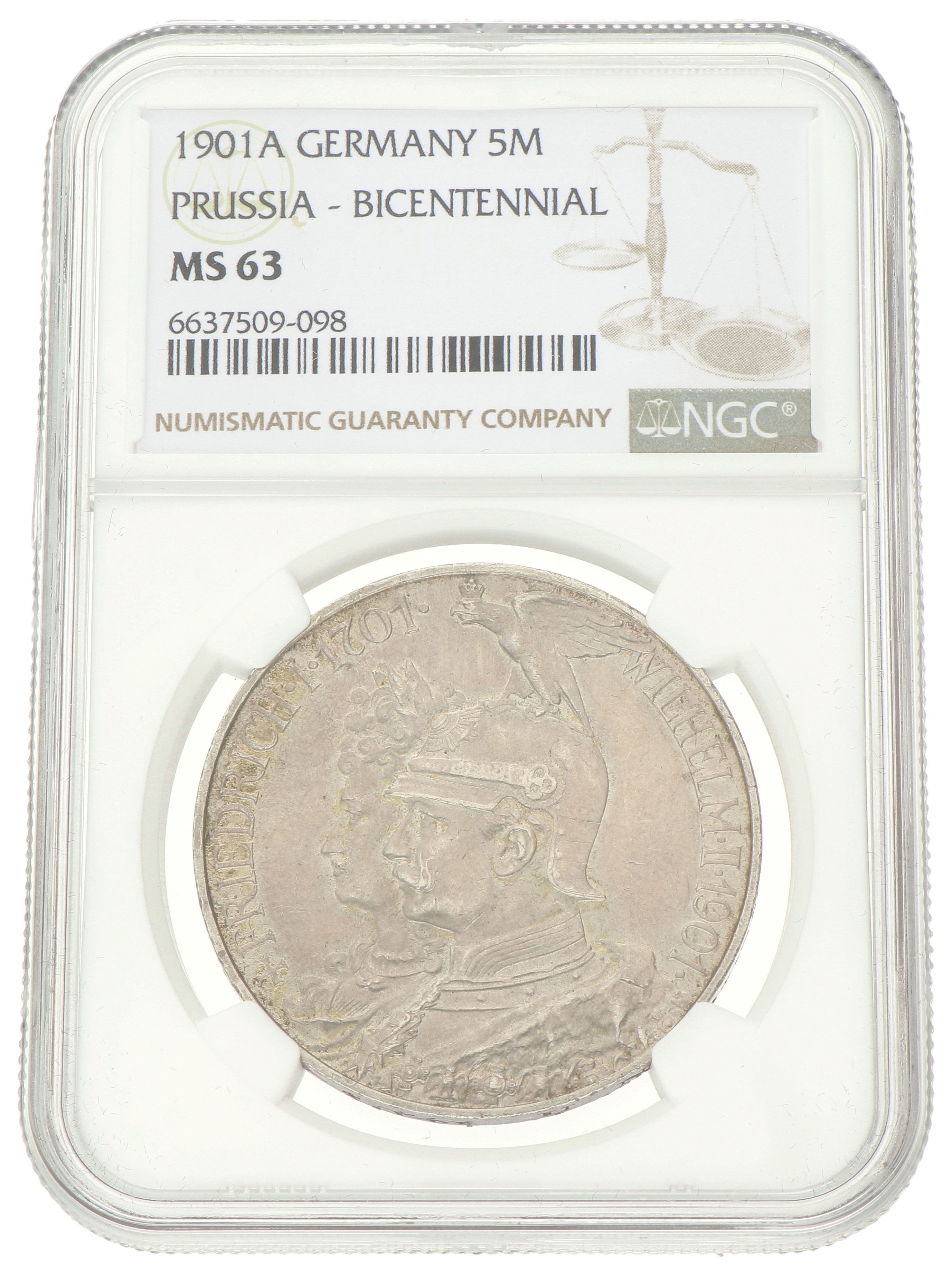 German states. Prussia. Wilhelm II. 5 Mark - 200th Anniversary of the Kingdom. 1901 A. MS 63