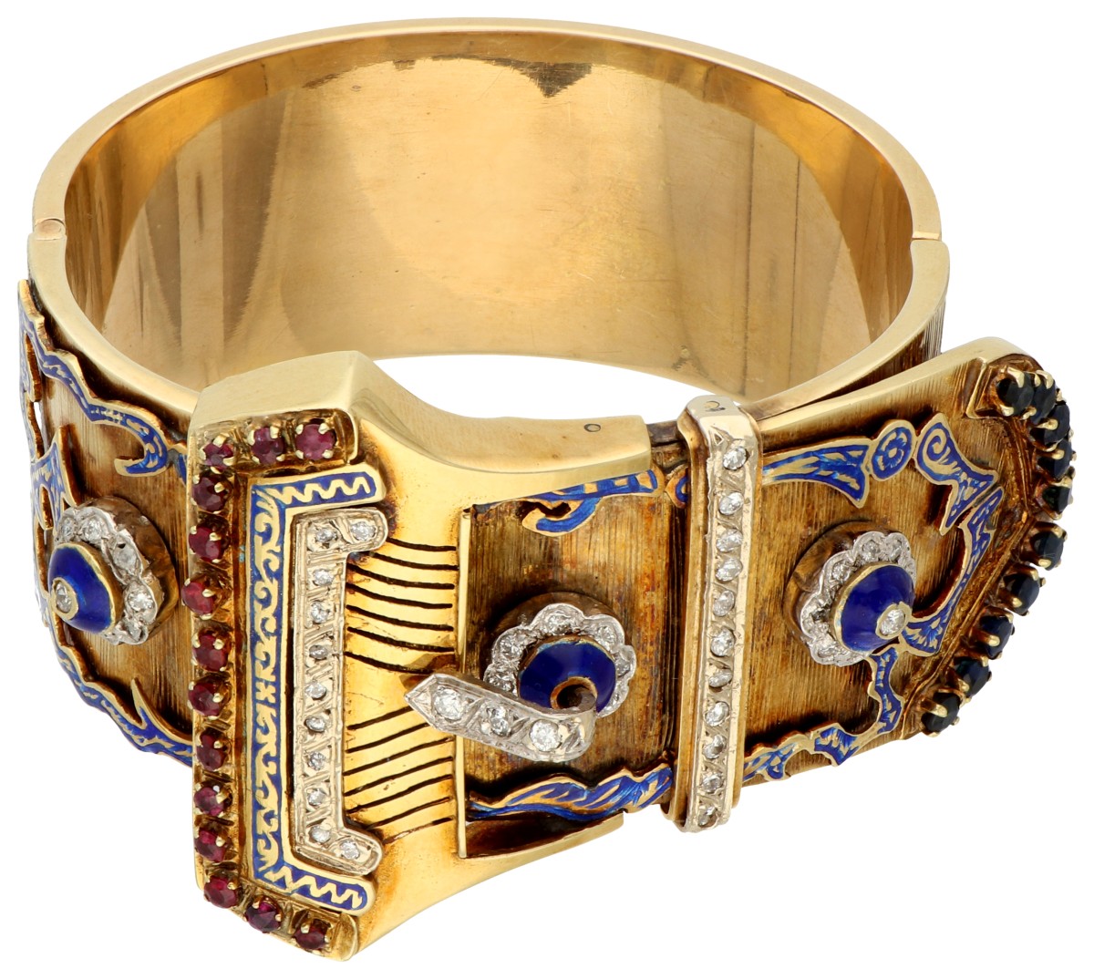 14K Geelgouden "conversation piece" gesp armband bezet met ca. 0.65 ct. diamant, robijn en saffier