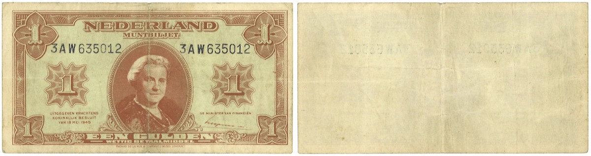 Nederland. 1 Gulden. Misdruk. Type 1945. - Prachtig.