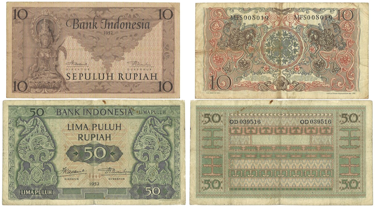 Indonesia. 10/50 Rupiah. Banknotes. Type 1952. - Very fine.