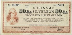 Suriname. ½ Gulden. Zilverbon. Type 1942. - Fine / Very fine.