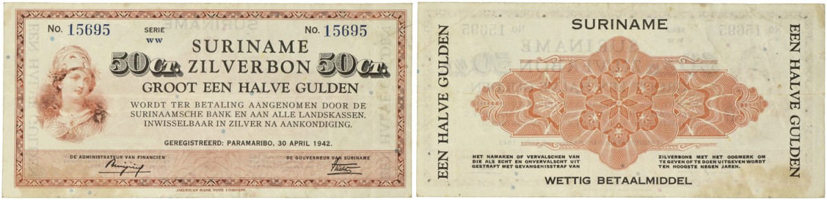 Suriname. ½ Gulden. Zilverbon. Type 1942. - Fine / Very fine.
