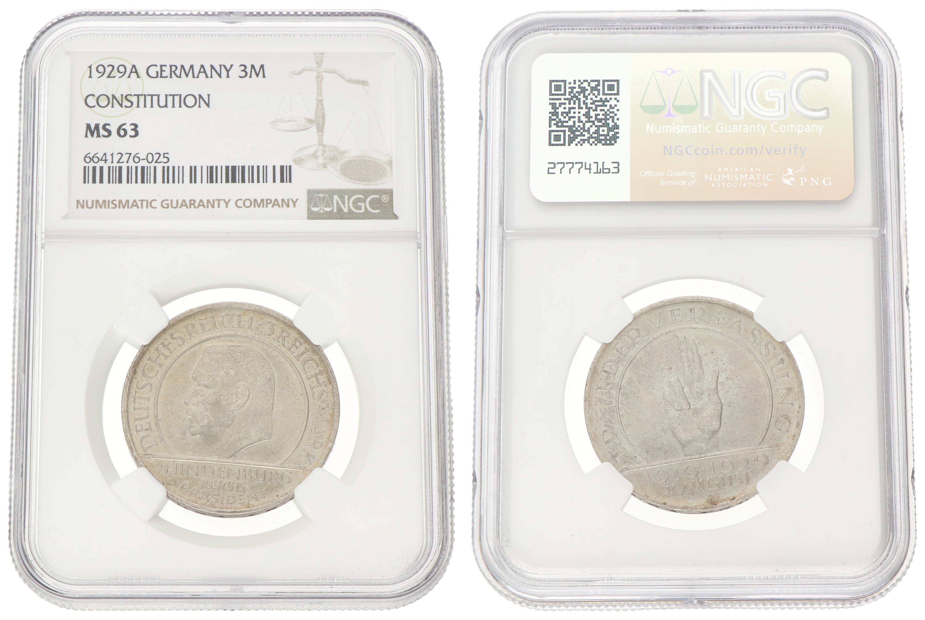 Germany. Weimar republic. 3 Mark - 10th Anniversary of the Weimar constitution. 1929A. MS 63