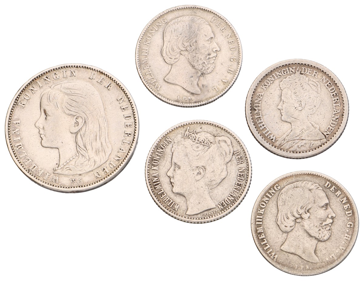 Lot (5) ½ Gulden - 1 Gulden. Willem III & Wilhelmina. Zeer Fraai -.