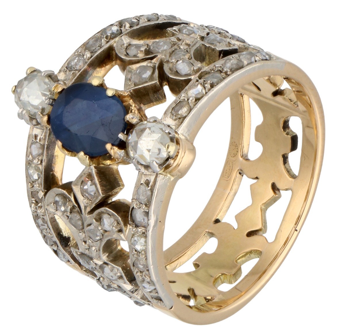 Gouden/zilveren opengewerkte ring met fleur-de-lis motief met saffier en roosdiamant