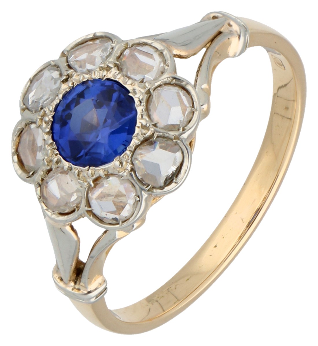 14K Bicolor gouden entourage ring met synthetisch saffier en roosdiamant