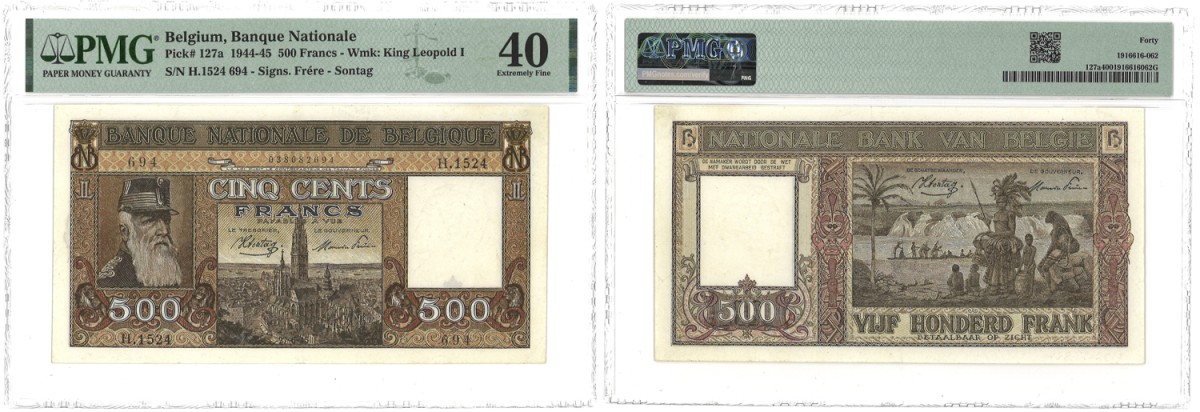 Belgium. 500 Francs. Banknote. Type 1944/1945. - PMG 40