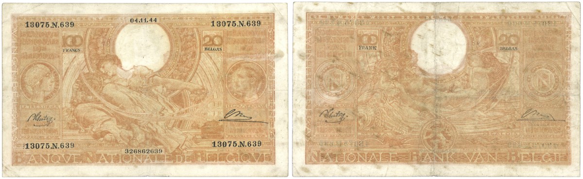 Belgium. 100 Francs. Banknote. Type 1944. Type Colour variant. - Very fine.