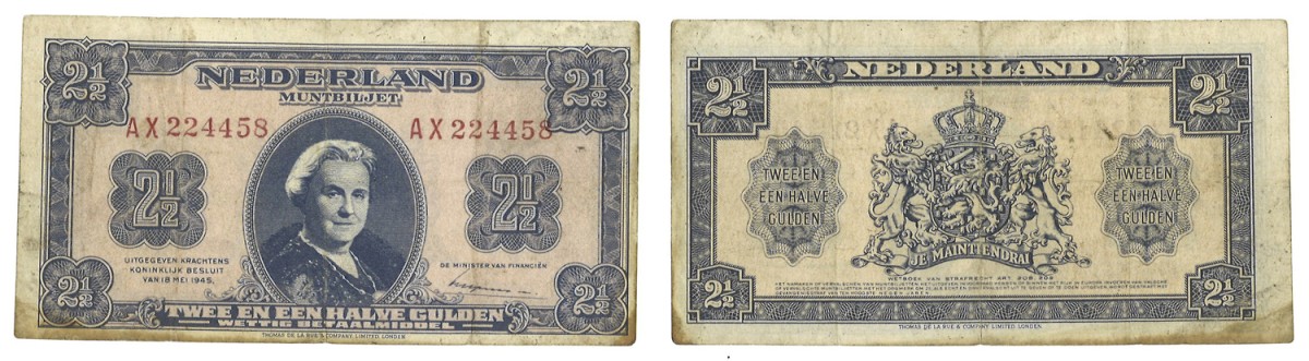 Nederland. 2 1/2 Gulden. Misdruk. Type 1945. - Zeer Fraai.