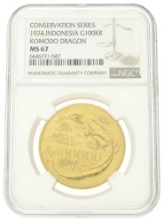 Indonesia. republic. 100000 Rupiah. 1974 - Komodo Dragon. MS 67.