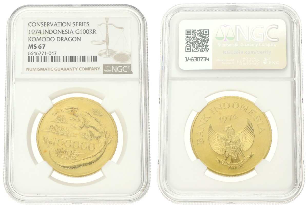 Indonesia. republic. 100000 Rupiah. 1974 - Komodo Dragon. MS 67.