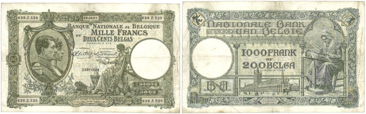 Belgium. 1000 Francs. Banknote. Type 1937. - Extremely fine.